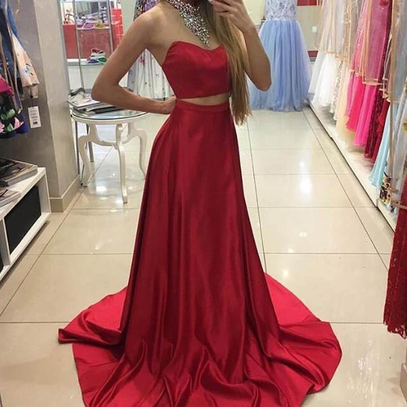 Fabulous Two Piece Red Halter Sleeveless Sweep Train with Beading Prom Dresses WK730