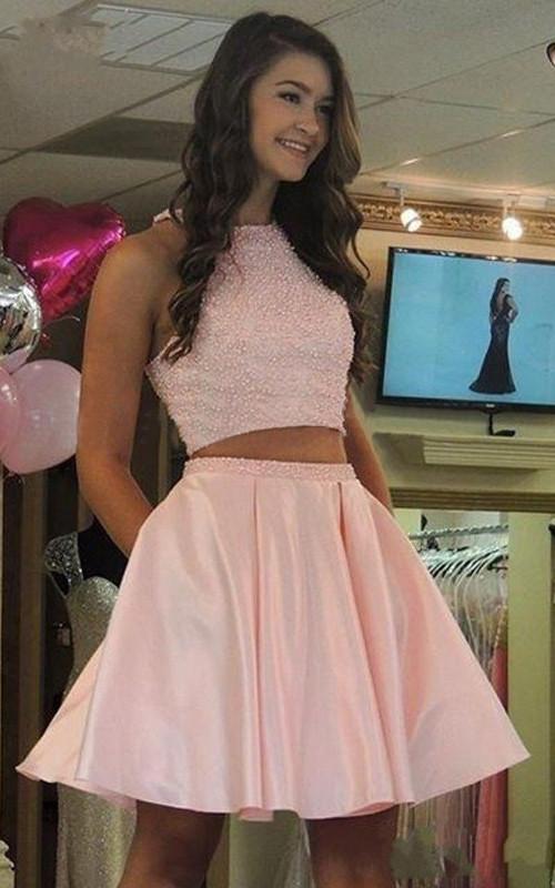Two Pieces Beaded Fashion Sexy Short Satin Cute New Style Homecoming Dress WK441