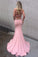 Decent Round Neck Keyhole Sweep Train Pink Mermaid Prom Dress with Appliques WK779
