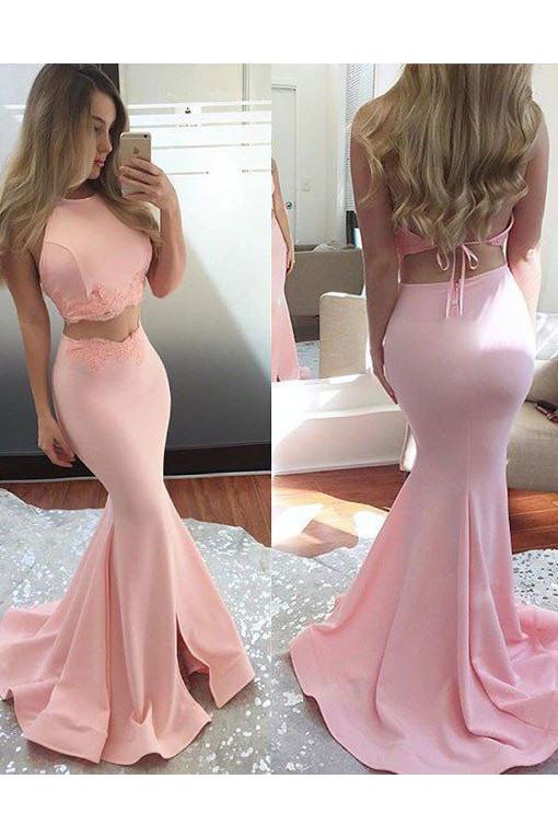 Long Satin Two Piece Sleeveless Sexy Mermaid Pink Halter Open Back Evening Dresses WK769