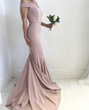 Blush Pale Pink Sexy Off the Shoulder Mermaid Charming Satin Sweep Train Prom Dresses WK163