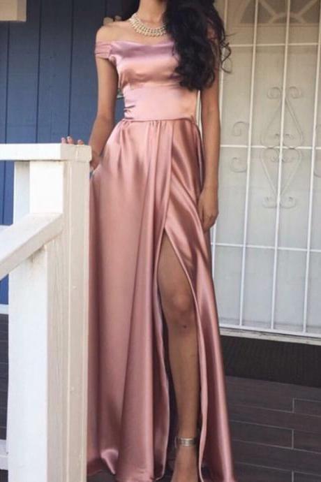 2024 Pink Elegant A-Line Cheap Off the Shoulder Long Slit Prom Dresses WK146