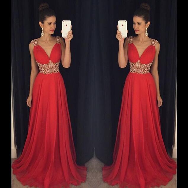 Open Back Red Chiffon V-Neck Cap Sleeve Lace A-Line Beads Prom Dresses WK961