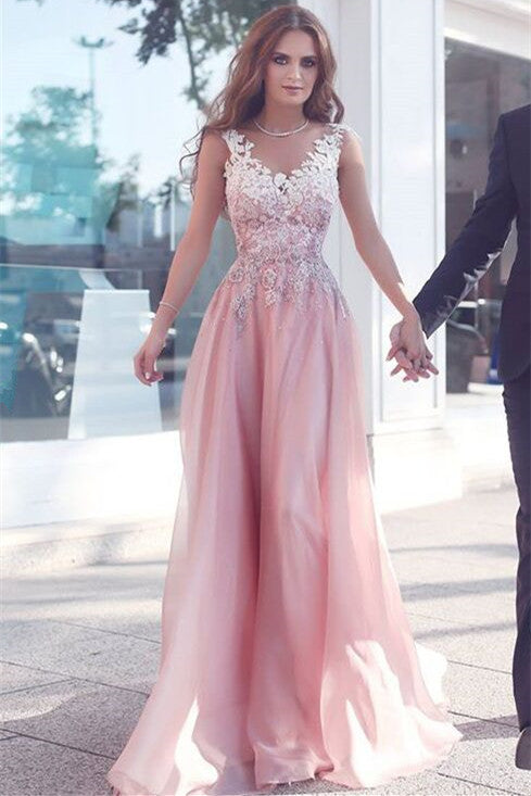 Elegant Pink Long V-Neck Appliques Sleeveless A-Line Chiffon Prom Dresses WK374
