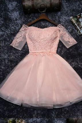 Cute Lace Tulle A-line Off the Should Half Sleeves Short Homecoming Dresses WK134