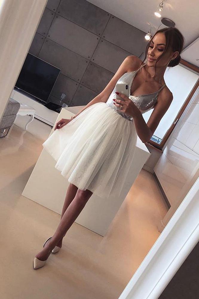 Cute A Line V Neck Spaghetti Straps Tulle Silvery Sequins Short Homecoming Dresses WK939