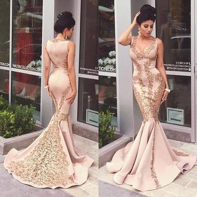 Lace Applique Mermaid Long Gold V-Neck Ruffles Sexy Straps Evening Dresses Party Dresses WK55