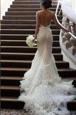 Backless White Lace Mermaid Spaghetti Straps Long Tulle Sexy Open Back Dress For Bridal WK284