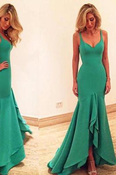 Beautiful Mermaid New Style Green Prom Dresses Satin Evening Gown For Teens Juniors WK83
