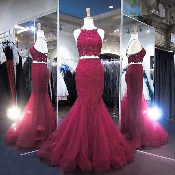 Hot-Selling Two-Piece Mermaid Halter Sleeveless Burgundy Long Prom Dress with Beading WK779