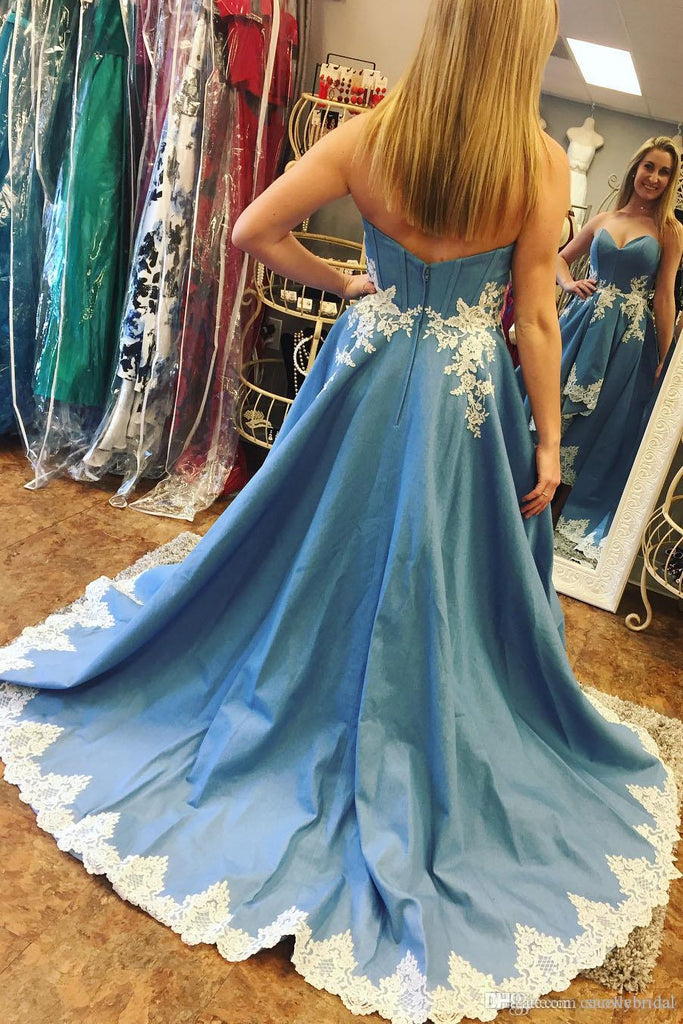 Blue Lace High Low Sweetheart A Line Appliques Long Strapless Cheap Prom Dresses WK34