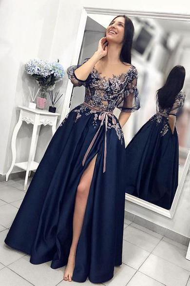 A line Blue Prom Dresses with High Slit Short Sleeve Satin with Pockets Evening Dresses WK676