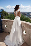 A-Line Top Lace Appliques Side Slit Chiffon Cap Sleeves Cheap Wedding Dress WK337