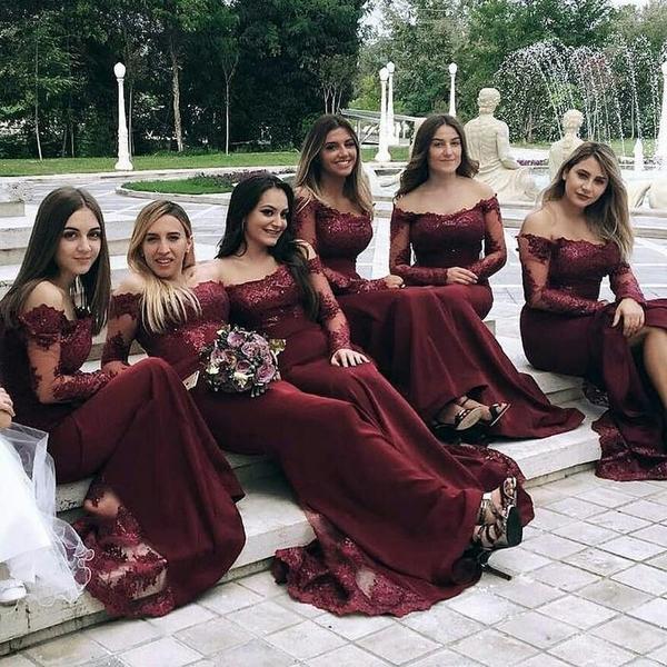 Burgundy Long Sleeves Off the Shoulder Mermaid Cheap Long Bridesmaid Dresses WK305