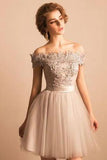 2022 Off-the-Shoulder Lace Short Prom Dress Beading Tulle Cute Lace-up Homecoming Dress WK247