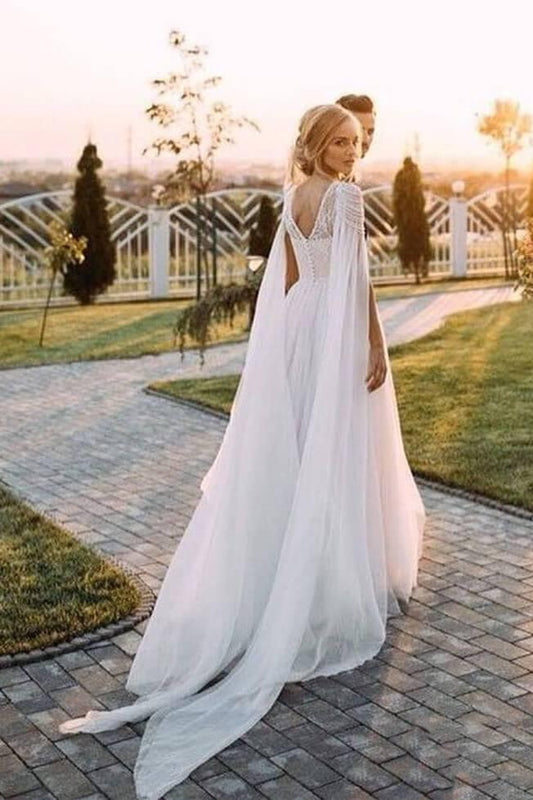 A Line Beaded Chiffon Cap Sleeves Boho Wedding Dresses Beach Wedding Dress with Pearls W1009