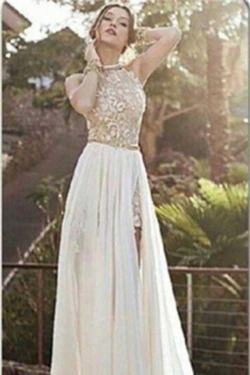 2024 Sexy Lace Backless Long Chiffon High Neckline Halter Side Slit Prom Dress uk Wedding Dress