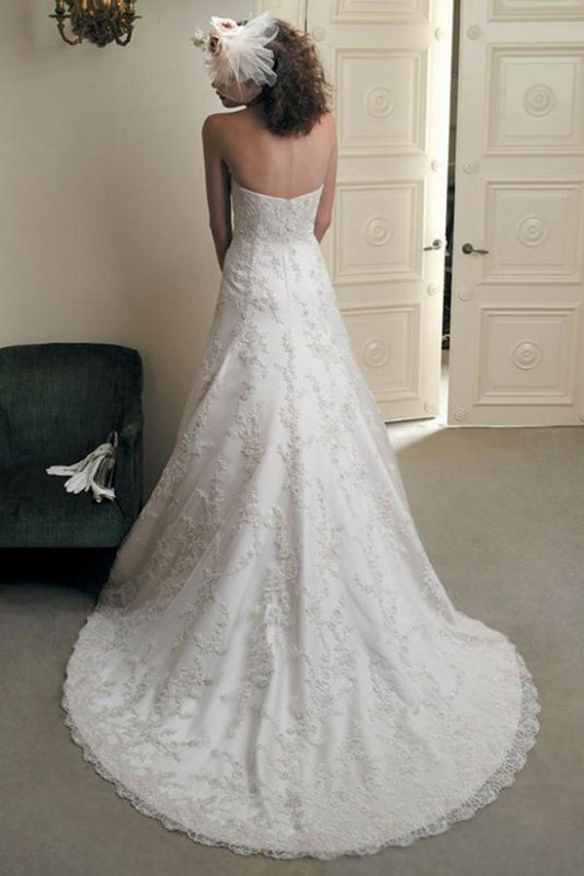 Elegant A Line Ivory Lace Appliques Sweetheart Strapless Sleeveless Long Wedding Dresses WK857