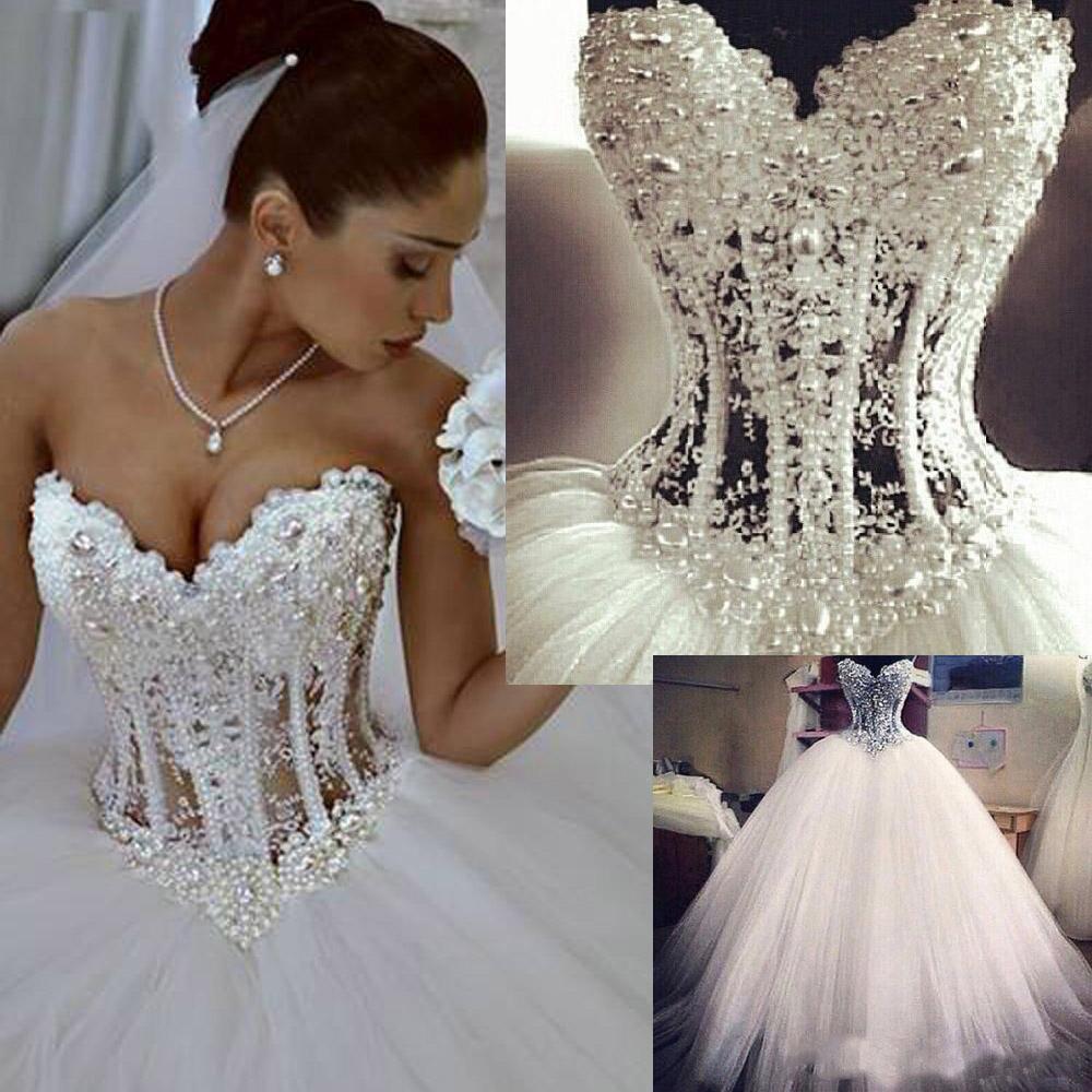 Ball Gown Lace Pearl Beads Unique Arabic Sweetheart White Tulle Princess Wedding Dress WK686