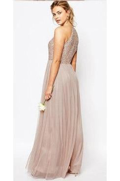 Gorgeous Glittering Top Tulle Halter Romantic Short Long Sleeveless Bridesmaid Dress WK352