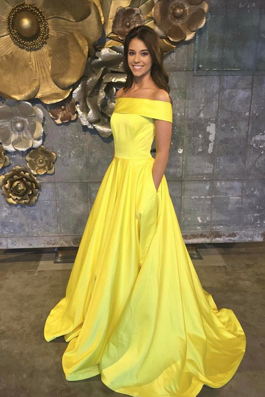 Elegant Yellow Off The Shoulder Satin A Line Princess with Pockets Prom Dresses WK477