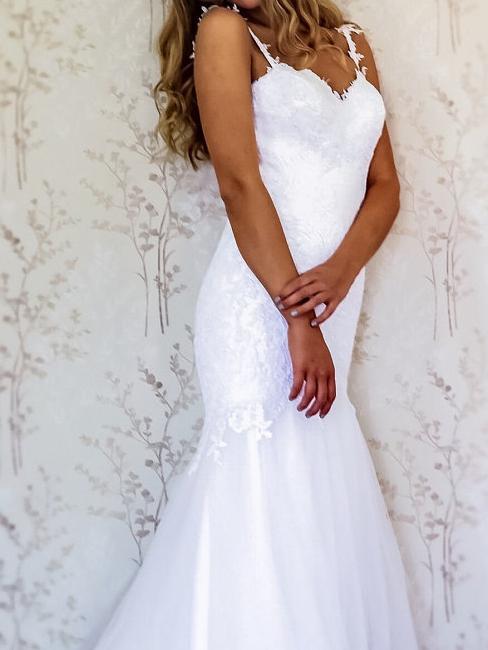 White Lace Mermaid Sweetheart Tulle Spaghetti Straps Backless Affordable Wedding Dresses WK778