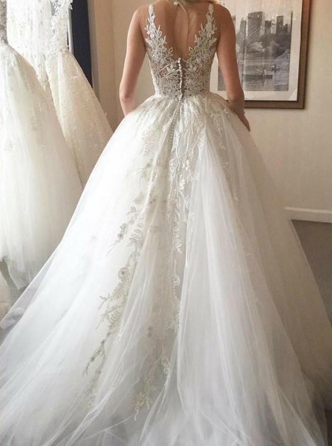 Elegant Ball Gown Round Neck Ivory Open Back Wedding Dress with Appliques Bridal Dresses WK449