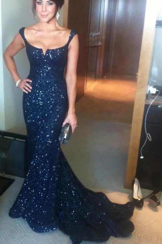 Gorgeous Mermaid Off-the-Shoulder Lace Navy Blue Sequins Sweetheart Prom Dresses WK600