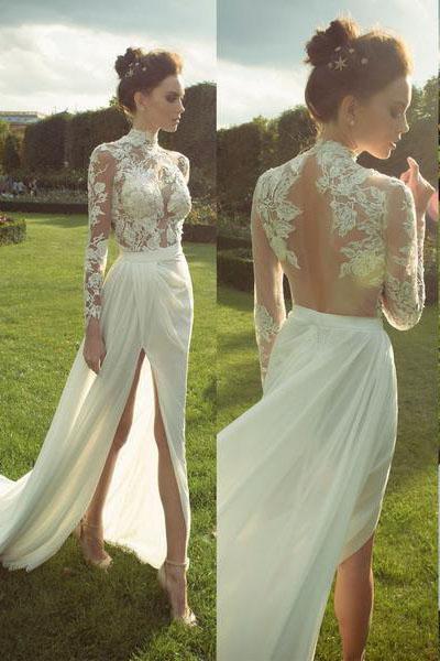 Gorgeous High Neck Long Sleeve See Through Lace Top Side Slit Ivory Chiffon Wedding Dress WK625