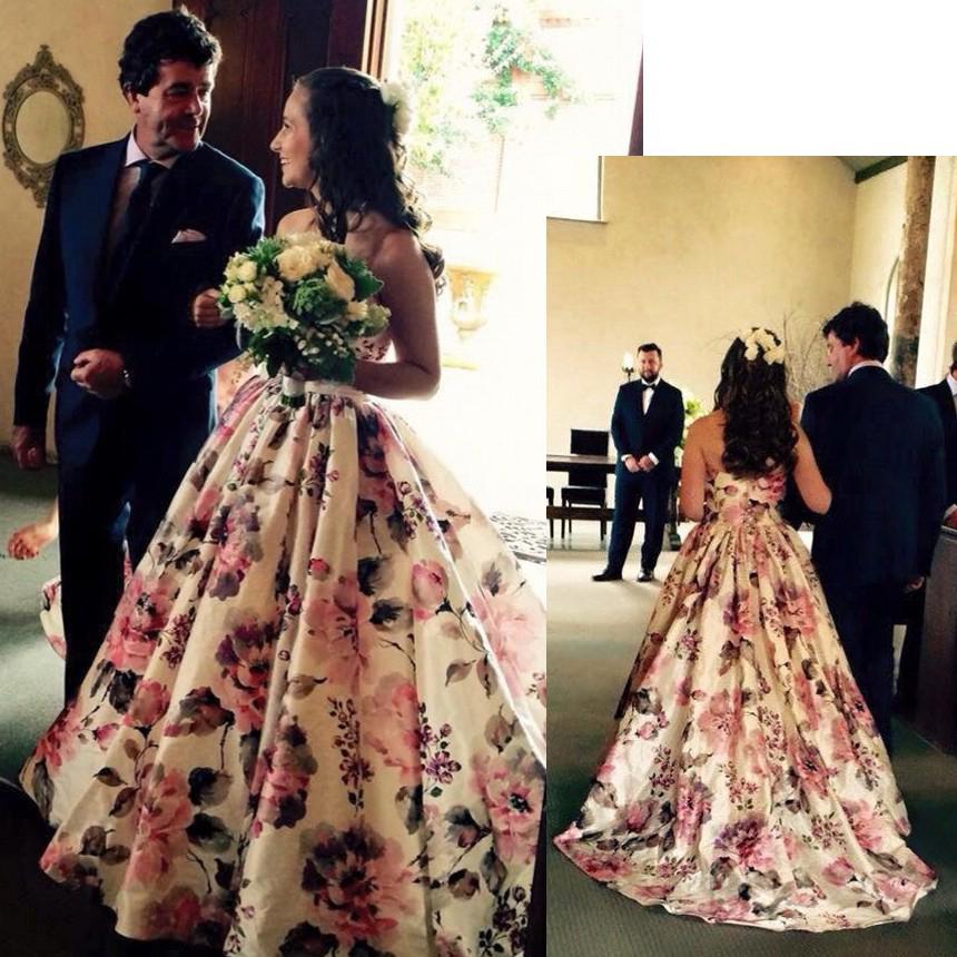 Ball Gown Printed Satin Sweetheart Spaghetti Straps Sleeveless Prom Dress Wedding Dress WK684