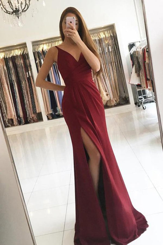 Elegant A Line Satin V-neck Ruffles Burgundy Side Split Sleeveless Prom Dresses WK621