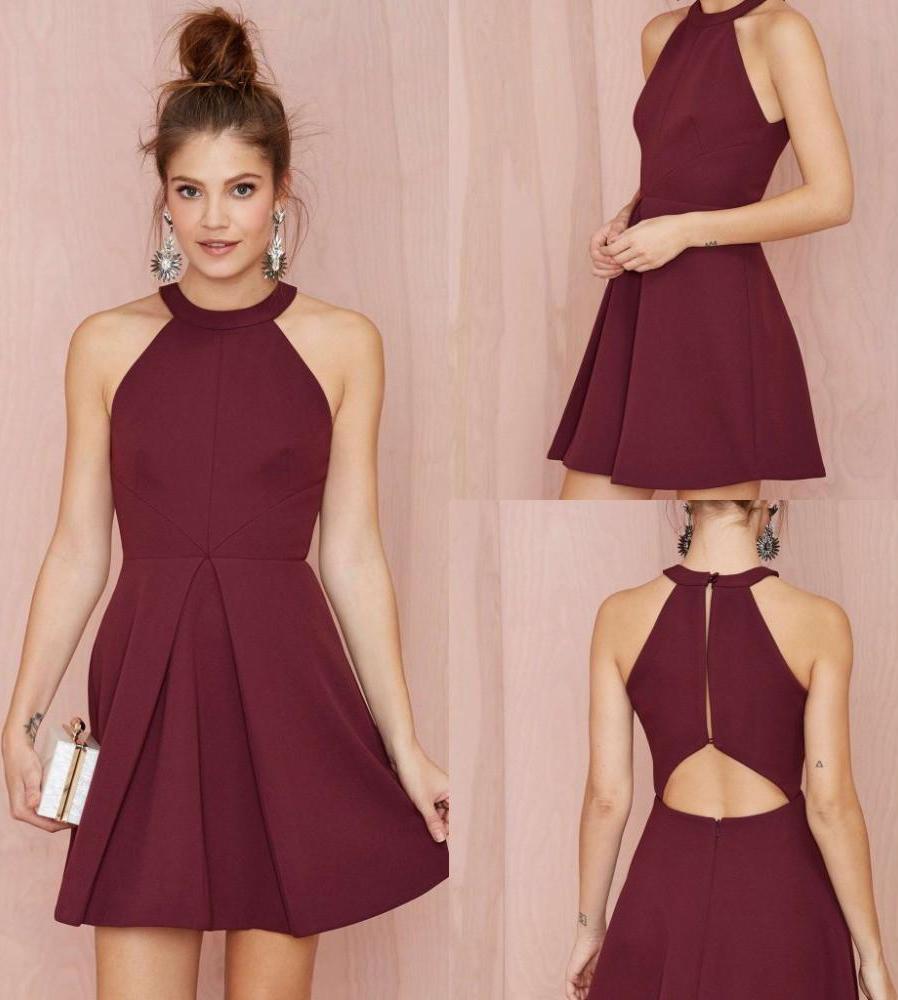 Cheap A Line Burgundy Short Prom Dress Satin Knee Length Sleeveless Homecoming Dress WK600