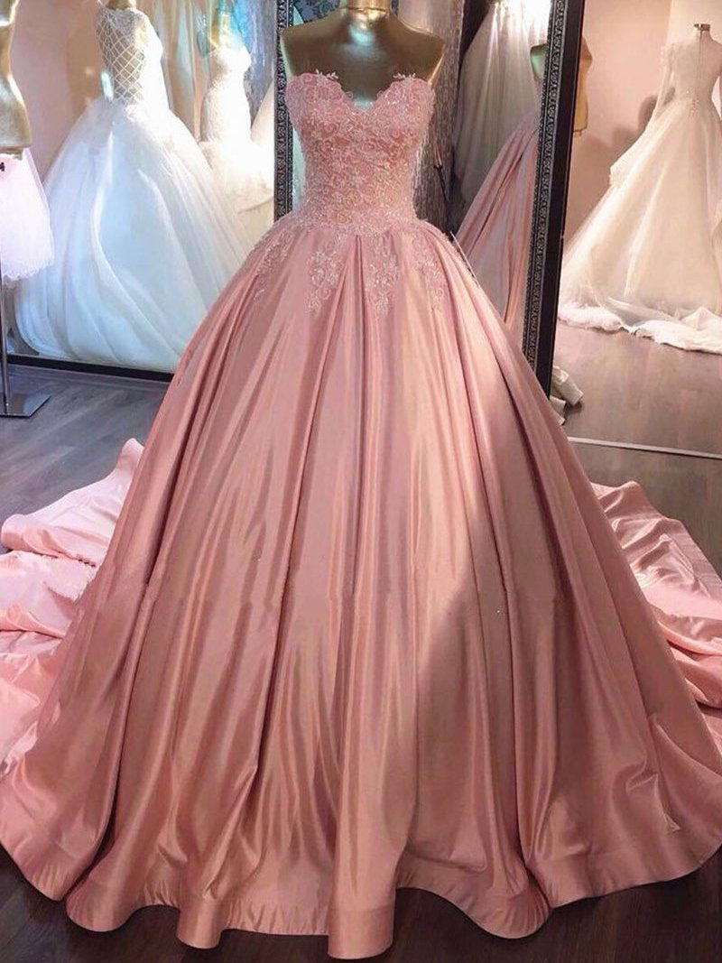 Ball Gown Pink Strapless Appliques Sweetheart Sweep Train Satin Evening Dresses WK775