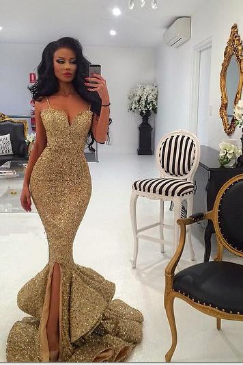 Spaghetti Straps Red Sequin Long Mermaid Front Slit Sparkle Long Prom Dresses WK520