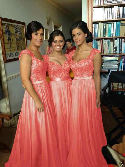 Coral Chiffon Corset Long Bridesmaids Dress Formal Prom Dress WK534