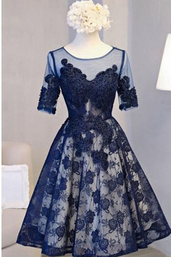 A Line Scoop Navy Blue Knee-length Tulle Short Sleeve Homecoming Dress with Open Back WK792