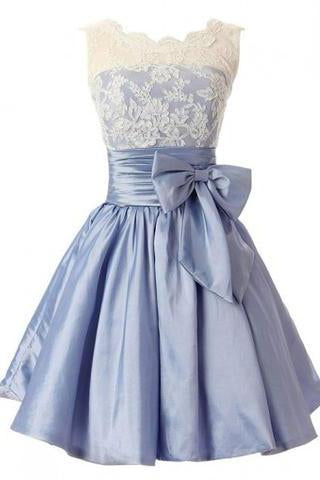 Fashion A-line Scoop Short Taffeta Blue Homecoming/Bridesmaid Dress With Bowknot WK478