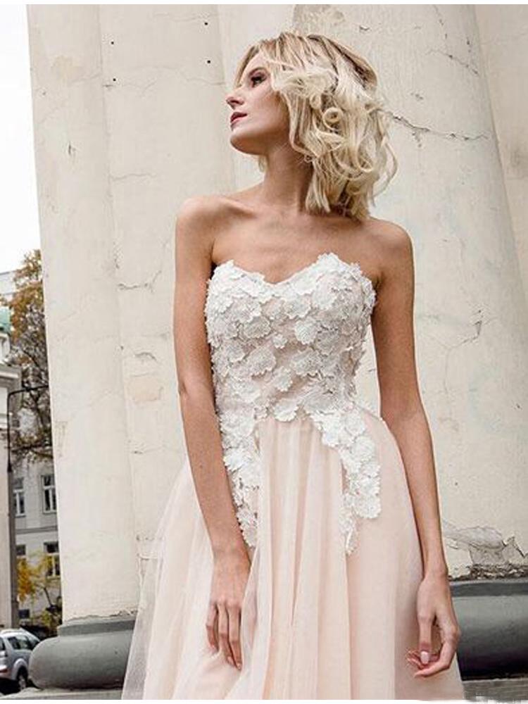 A Line Sweetheart Tulle Pink Prom Dresses with Appliques Beach Wedding Dresses WK970