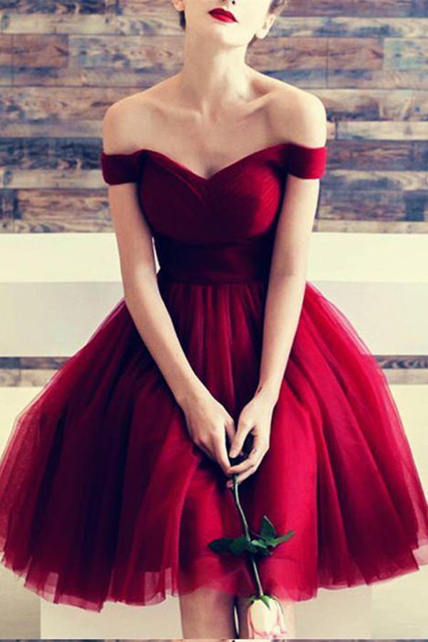 A Line Burgundy Off the Shoulder Tulle Sweetheart Cocktail Dress Homecoming Dresses WK639