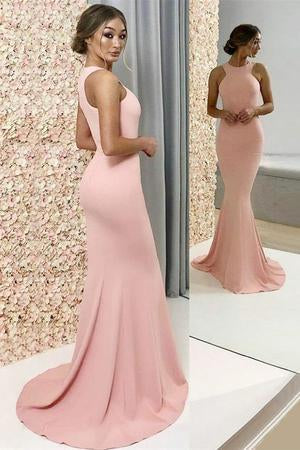 Cheap Elegant Long A-Line Halter Pink Satin Mermaid Bridesmaid Dresses WK15