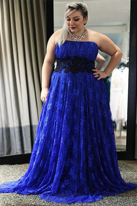 Elegant Straps Blue Lace Sleeveless A-Line Floor-Length Zipper Plus Size Prom Dresses WK223
