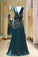 A Line V Neck Green Floor Length Satin Prom Dress with Backless Sequins Beading WK446
