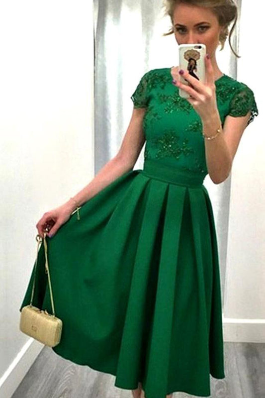 Casual A-line Scoop Satin Appliques Lace Knee-length Backless Short Sleeve Prom Dresses WK501