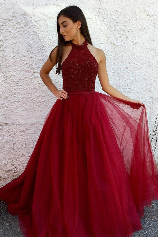 A Line Halter Tulle Burgundy Beads Sleeveless Long Party Dresses Prom Dresses WK75