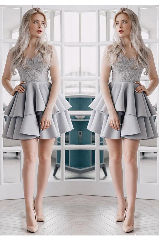 A Line V Neck Backless Satin Beaded Grey Spaghetti Straps Lace Homecoming Dresses WK921