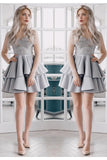 A Line V Neck Backless Satin Beaded Grey Spaghetti Straps Lace Homecoming Dresses WK921