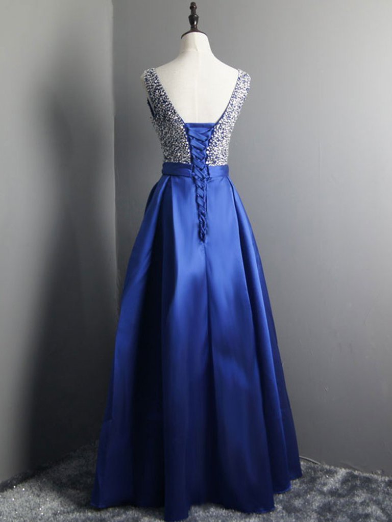 Simple Beaded Satin Blue Long V Neck Prom Dresses