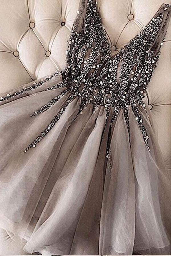Luxurious Sequins Beaded V Neck Tulle Short V Back Gray Prom Dress Homecoming Dress WK762