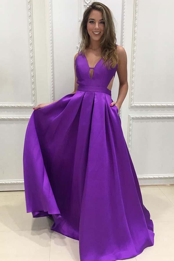 A-line V-neck Satin Long Simple Prom Dresses with Pockets Purple Bridesmaid Dresses WK603