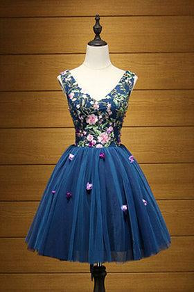 Cute A Line Navy Blue V Neck Short Prom Dresses Flower Lace up Homecoming Dresses WK957